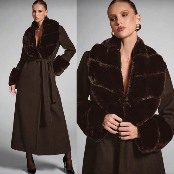 Luxury faux fur trimmed long coat fur jacket fur cuff fur collar vintage pink - Picture 8 of 8